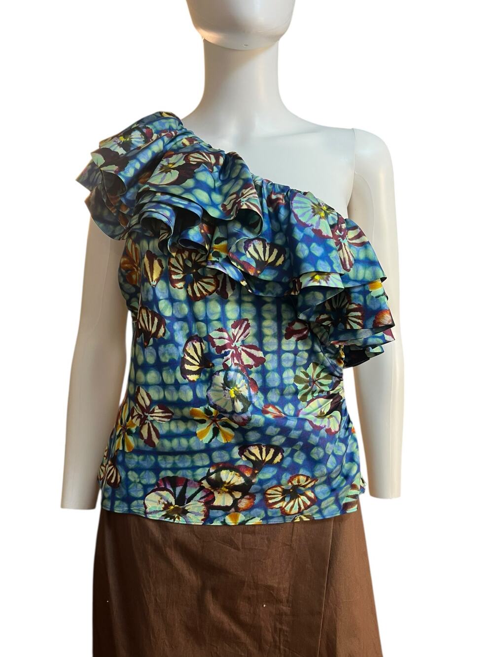 ULLA JOHNSON Adaleigh Silk Floral Ruffle One Shoulder Blouse Size 6